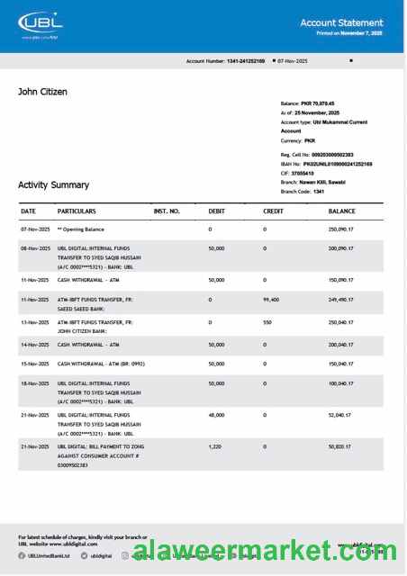 Pakistan United Bank Limited account statement Word and PDF template
